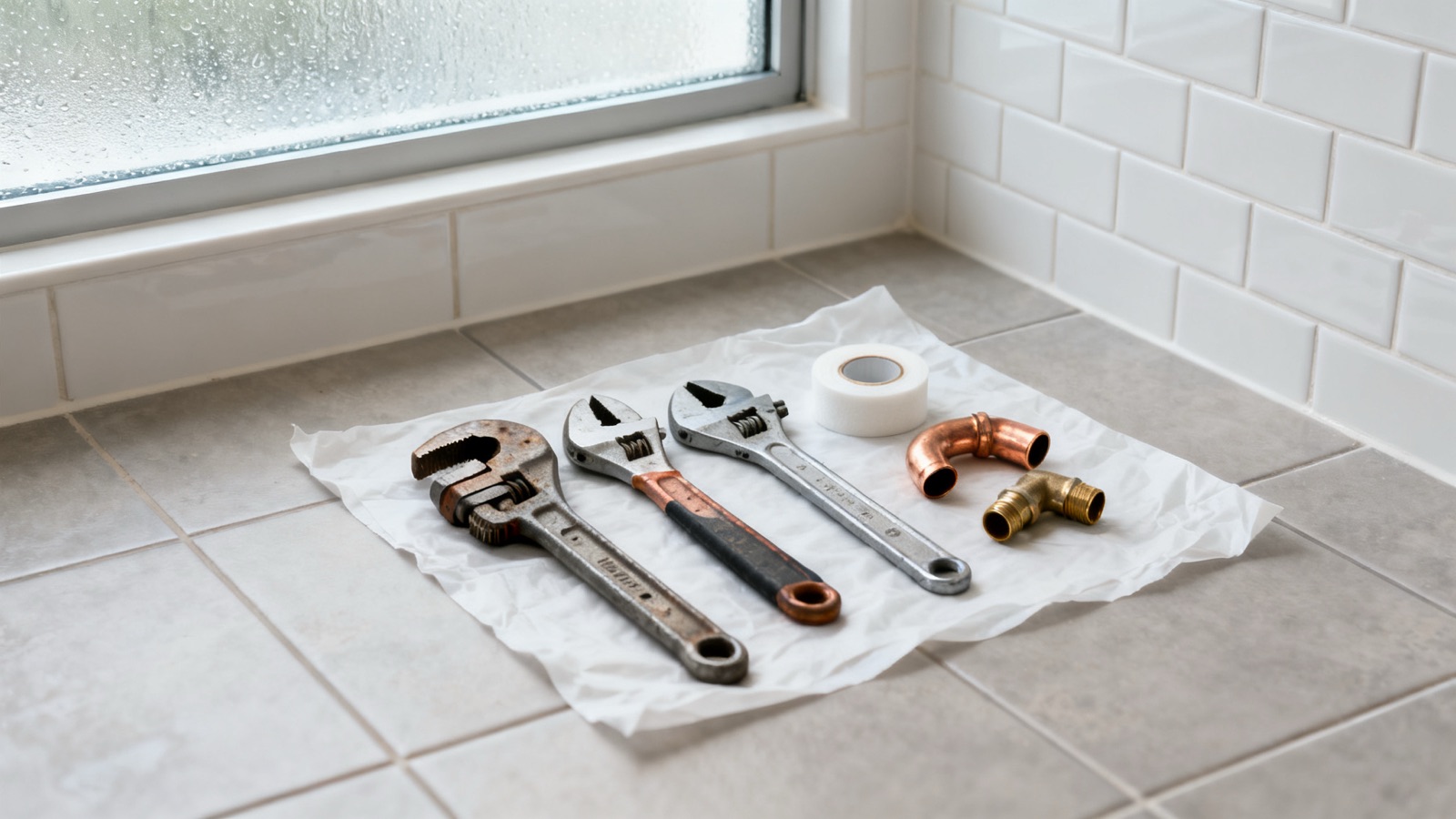Plumbing tools and fittings arranged on a drop sheet in an Australian bathroom