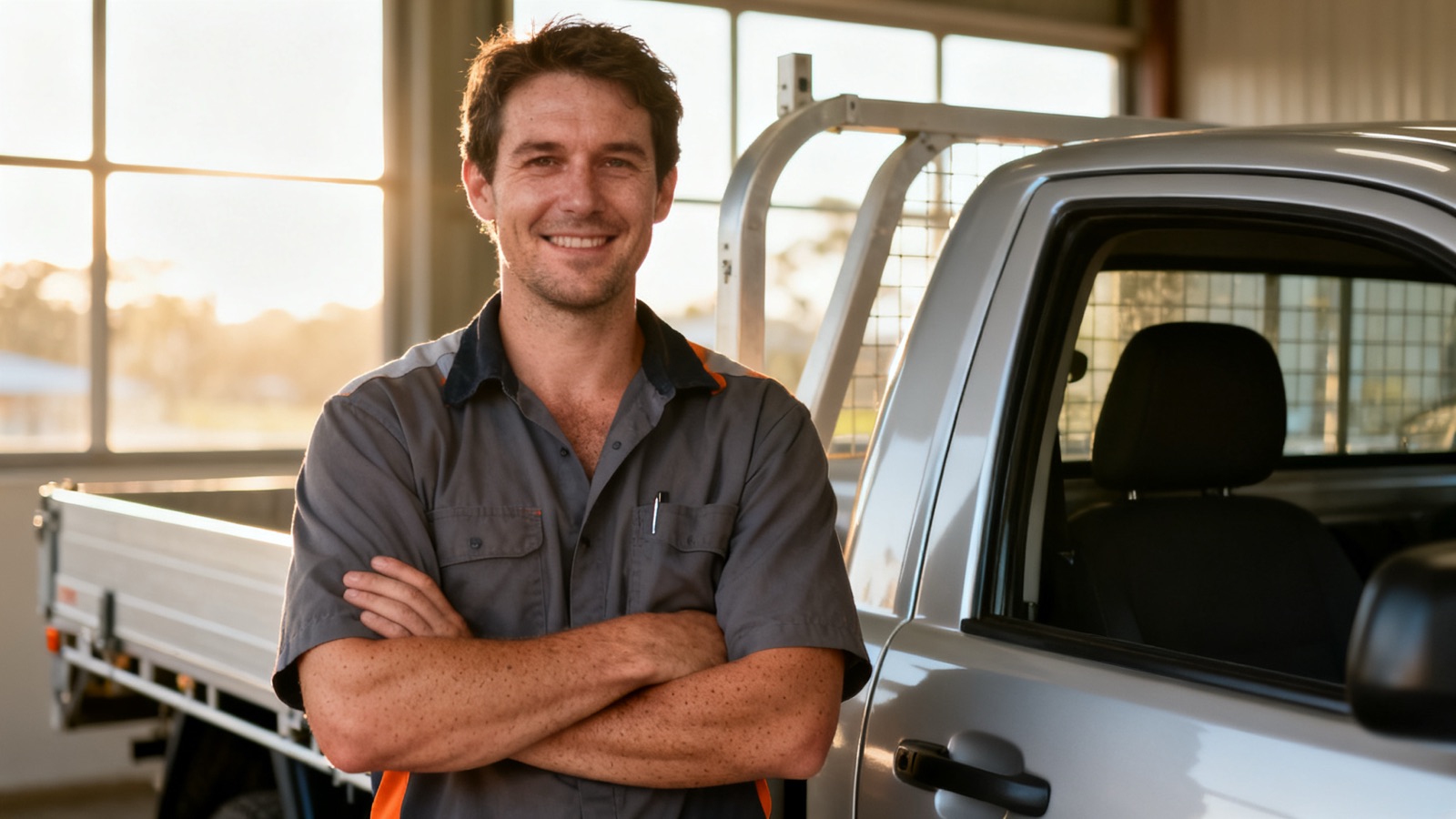An Australian tradesperson standing next to a white ute in a warehouse