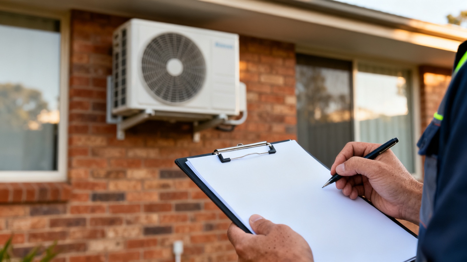 Tradesperson with clipboard inspecting a split-system air conditioner on an Australian home