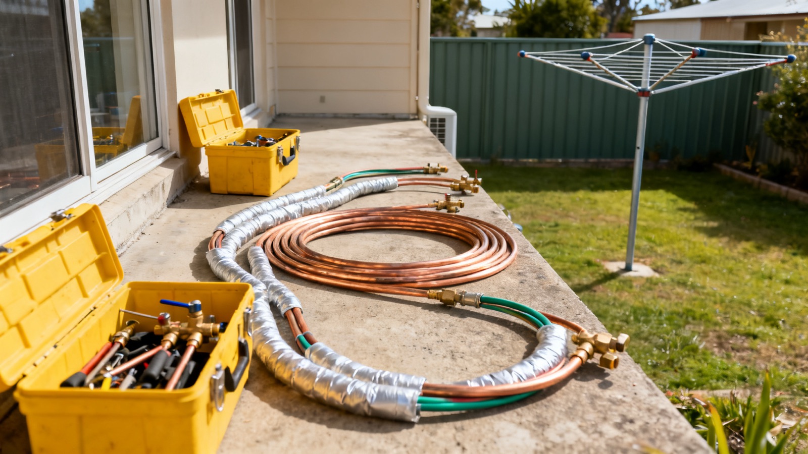 Copper refrigerant pipes and tools laid out on a concrete slab in an Australian backyard