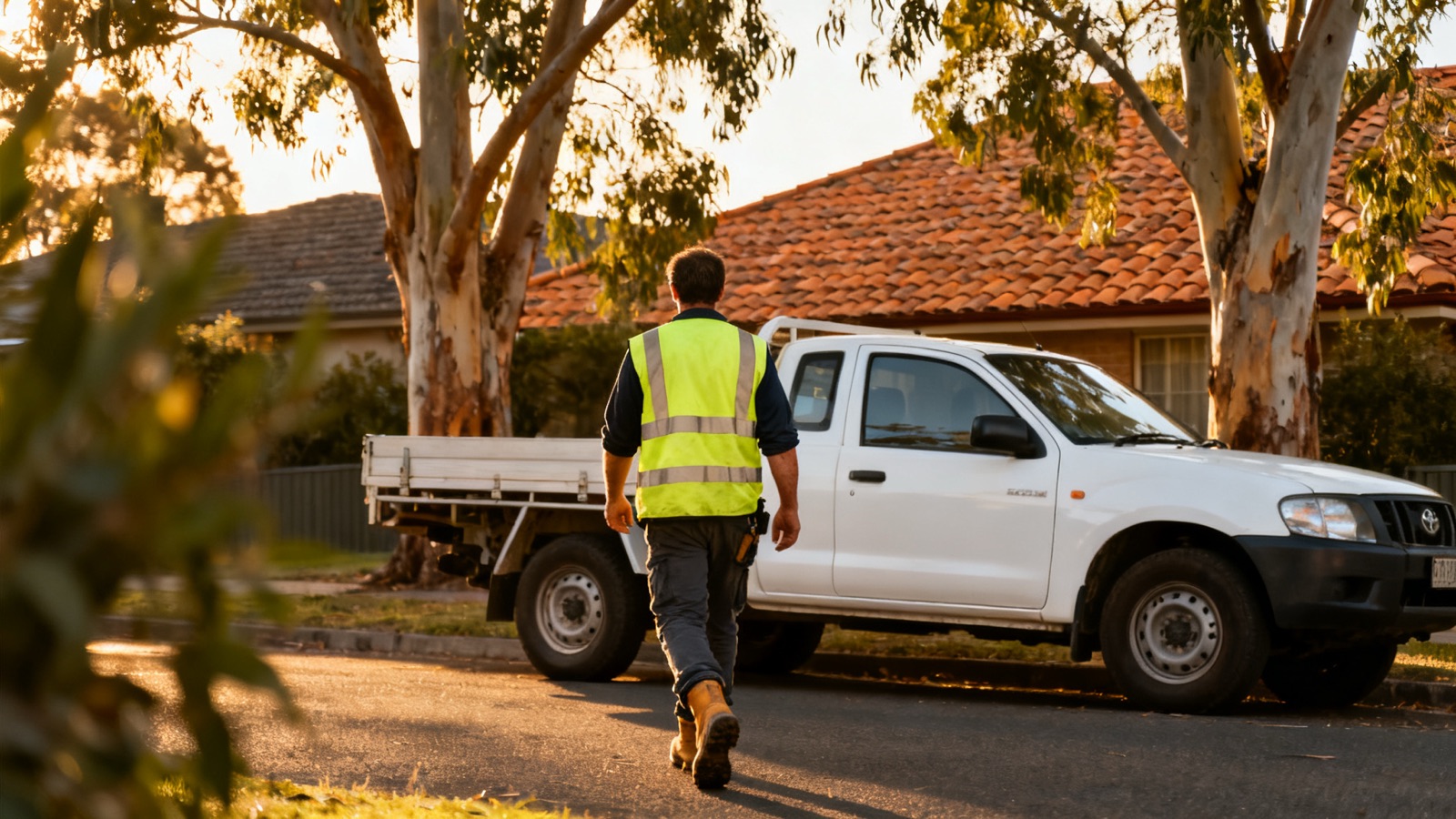 HVAC tradesperson walking toward a plain white ute on an Australian suburban street