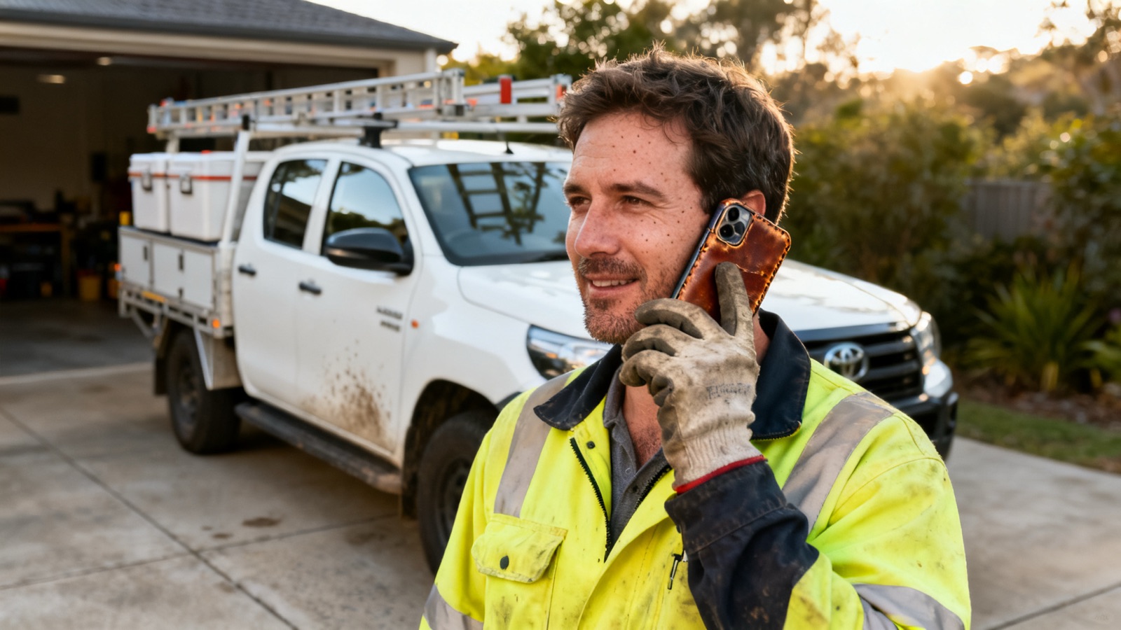 An Australian tradesperson checking a phone beside a work ute in morning light