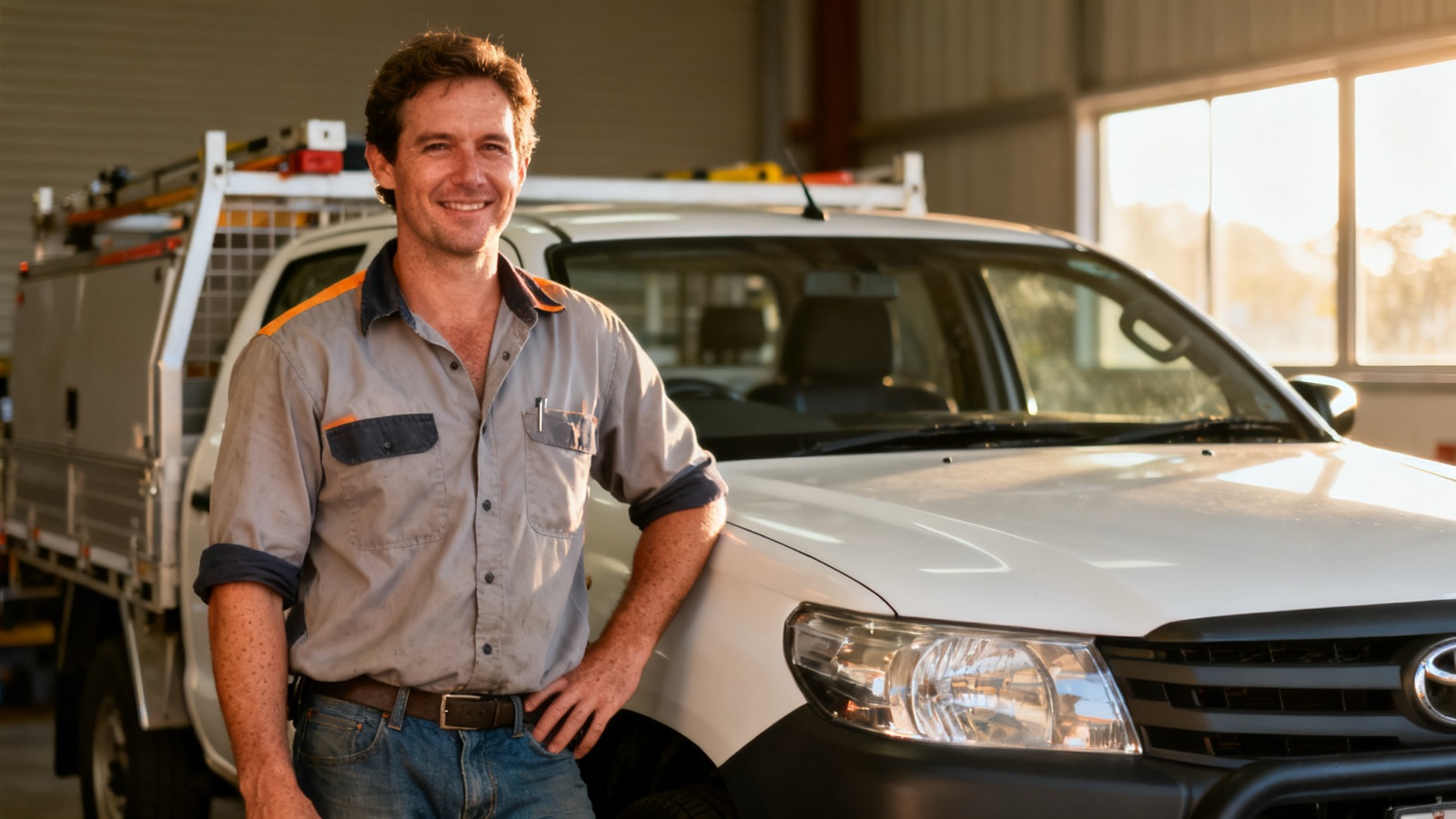 A confident Australian tradesperson beside a clean work ute in soft morning light