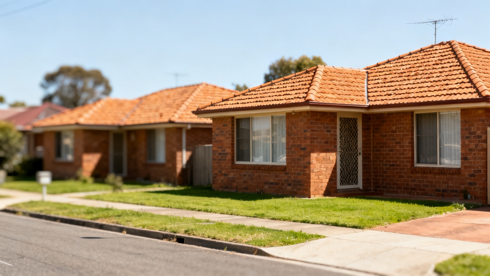 Row of Australian suburban homes with terracotta tile roofs