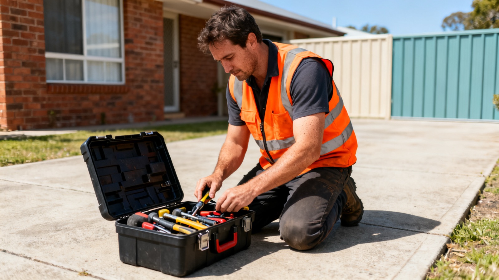 Tradie organising tools in a toolbox on a suburban driveway