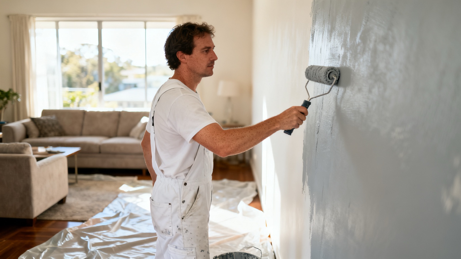 Painter rolling grey paint onto an interior wall in an Australian home