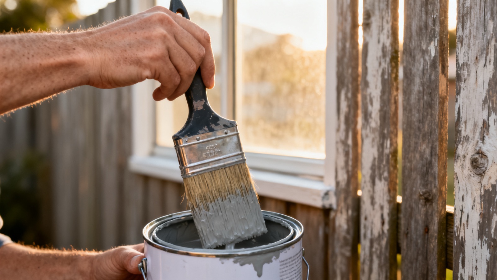 Painter loading a brush from a paint tin beside a timber fence