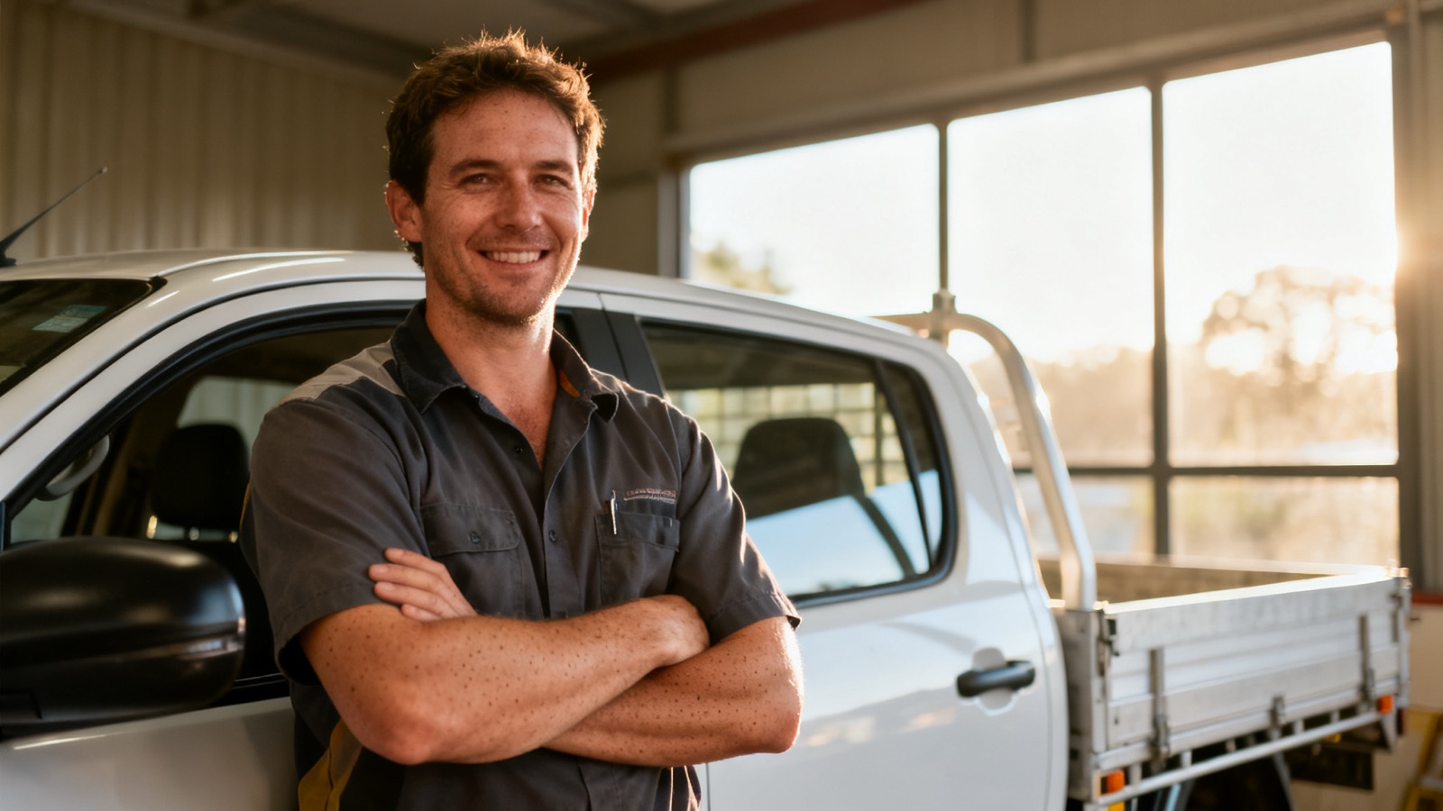 Australian tradesman standing in front of a white ute in a workshop shed