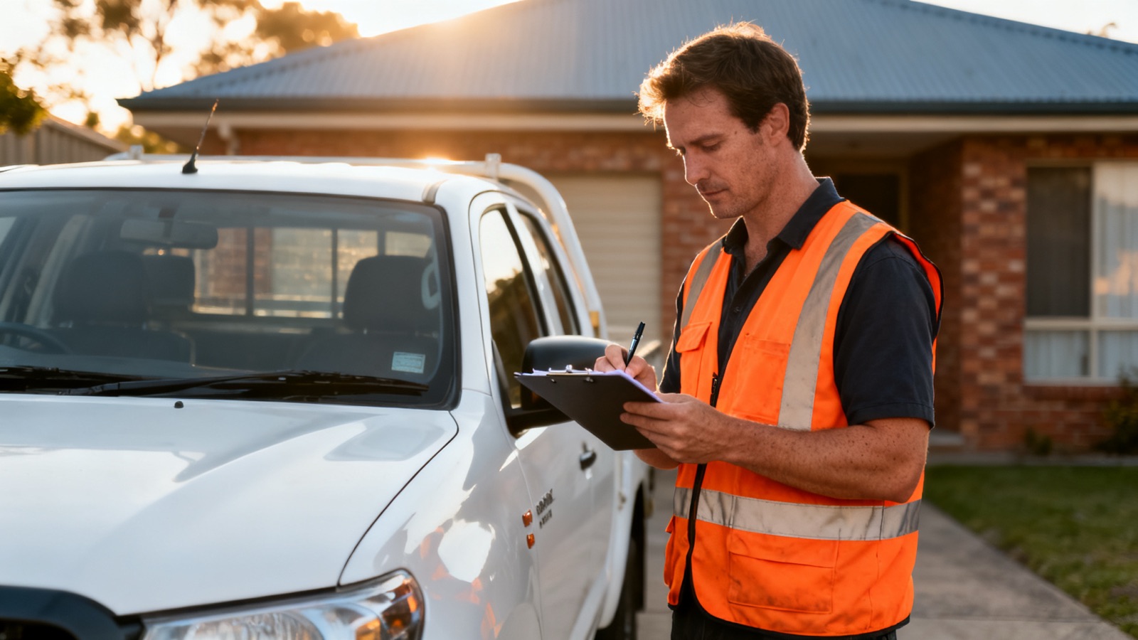 Tradie reviewing a job schedule beside an unmarked ute in an Australian suburban driveway