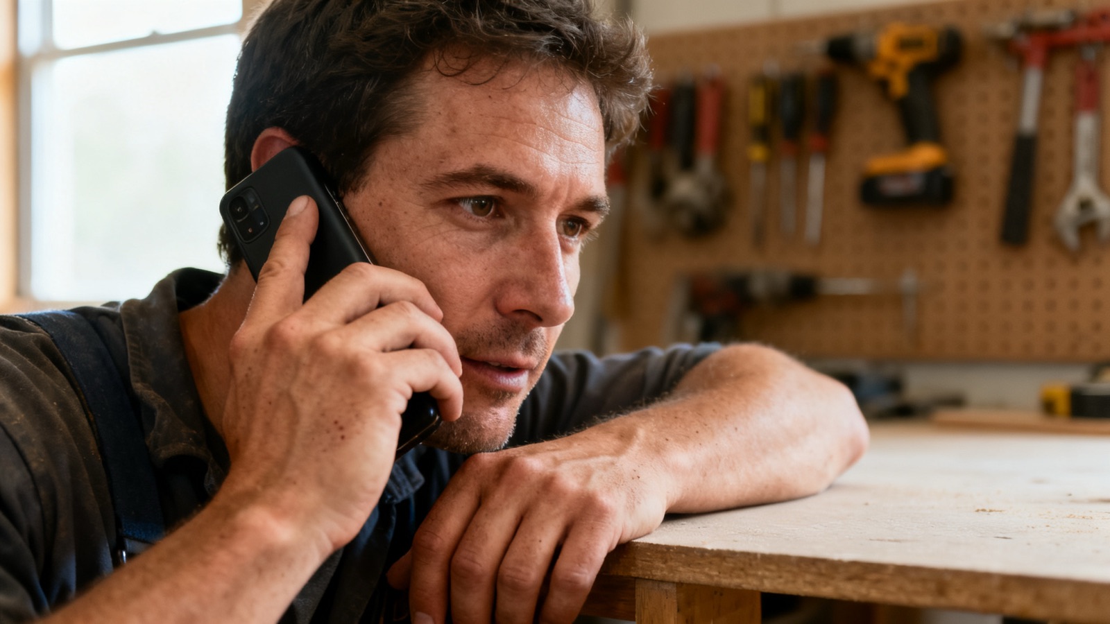 Tradie confirming an appointment by phone in a workshop