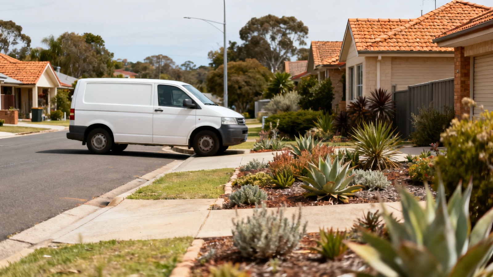 Unmarked trade van parked on a quiet Australian suburban street
