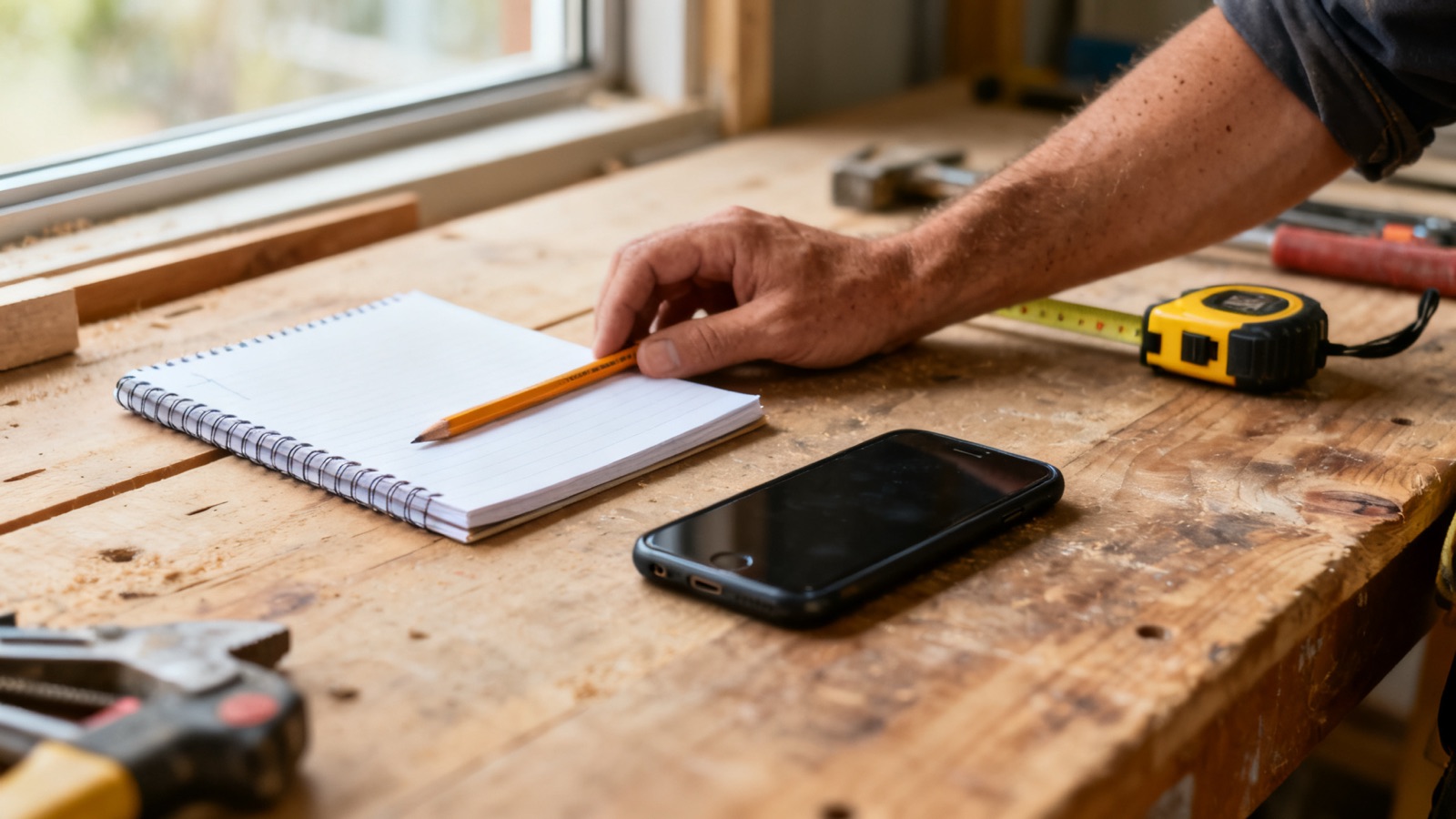 Tradie workbench with blank notepad, phone and tape measure, planning the day ahead