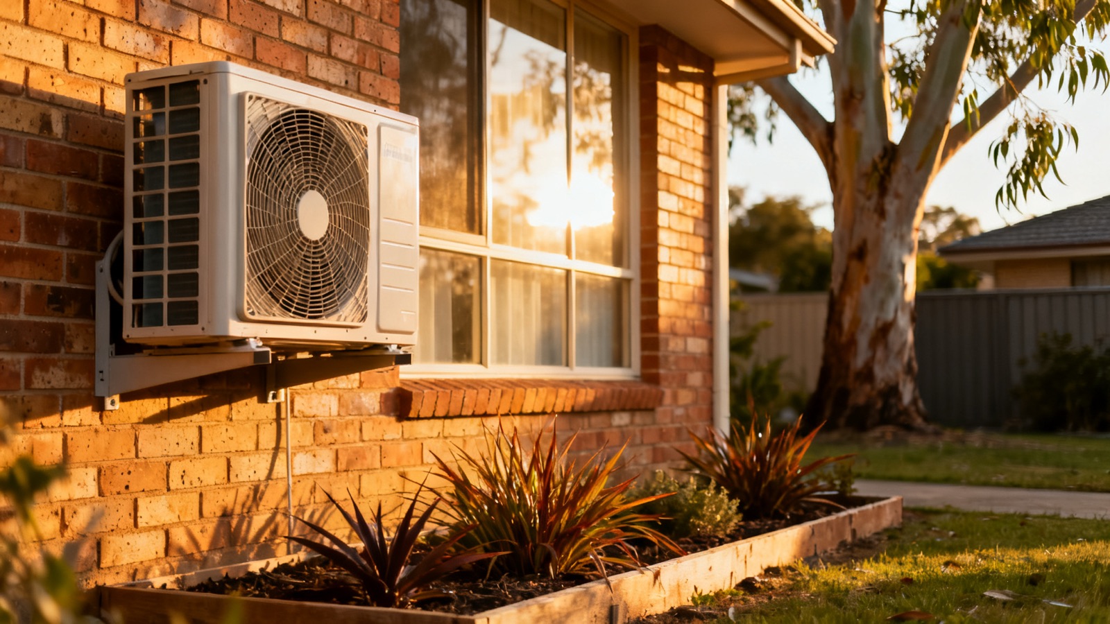 Split-system air conditioner on the brick wall of an Australian suburban home