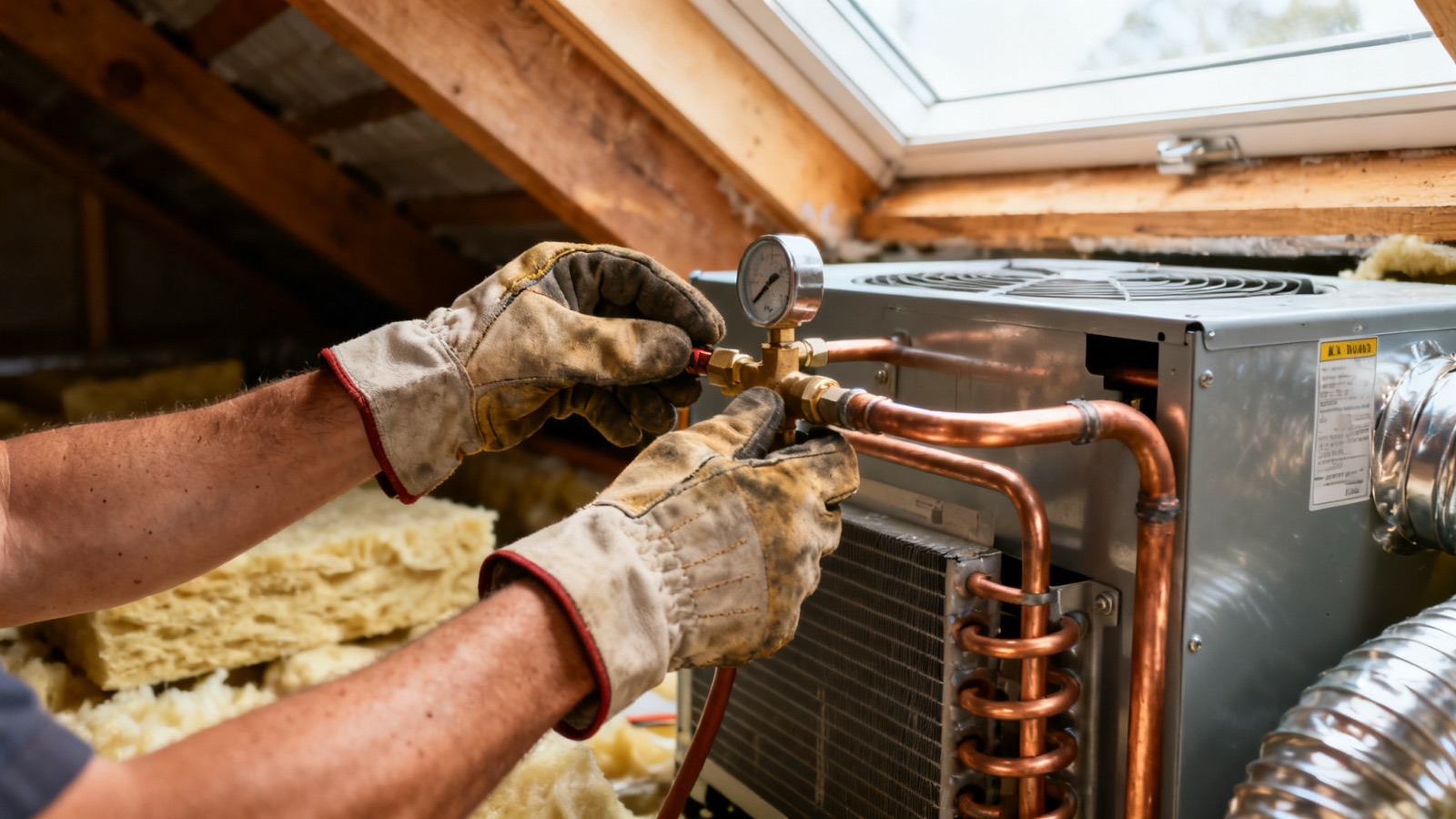 Gloved hands adjusting copper pipes on a ducted air conditioning unit in a roof space