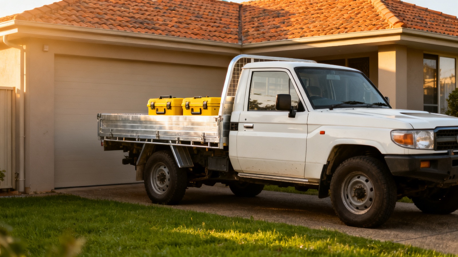 Plain white work ute in the driveway of an Australian home