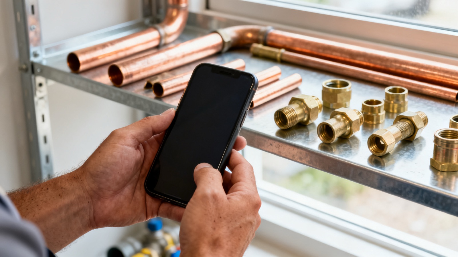 A tradesperson holding a phone with plumbing fittings on a shelf behind