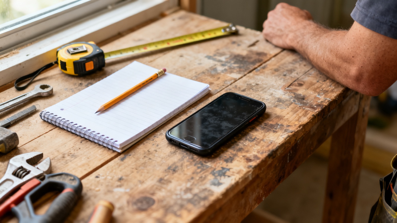 A tradesperson workbench with tools, a blank notepad, and a smartphone, representing after-hours plumbing admin
