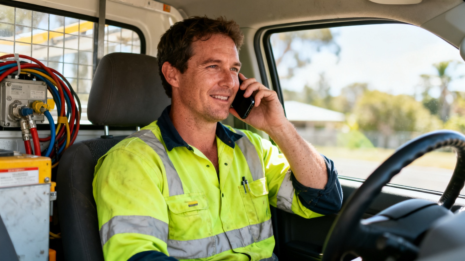 An Australian electrician taking a phone call in their work ute