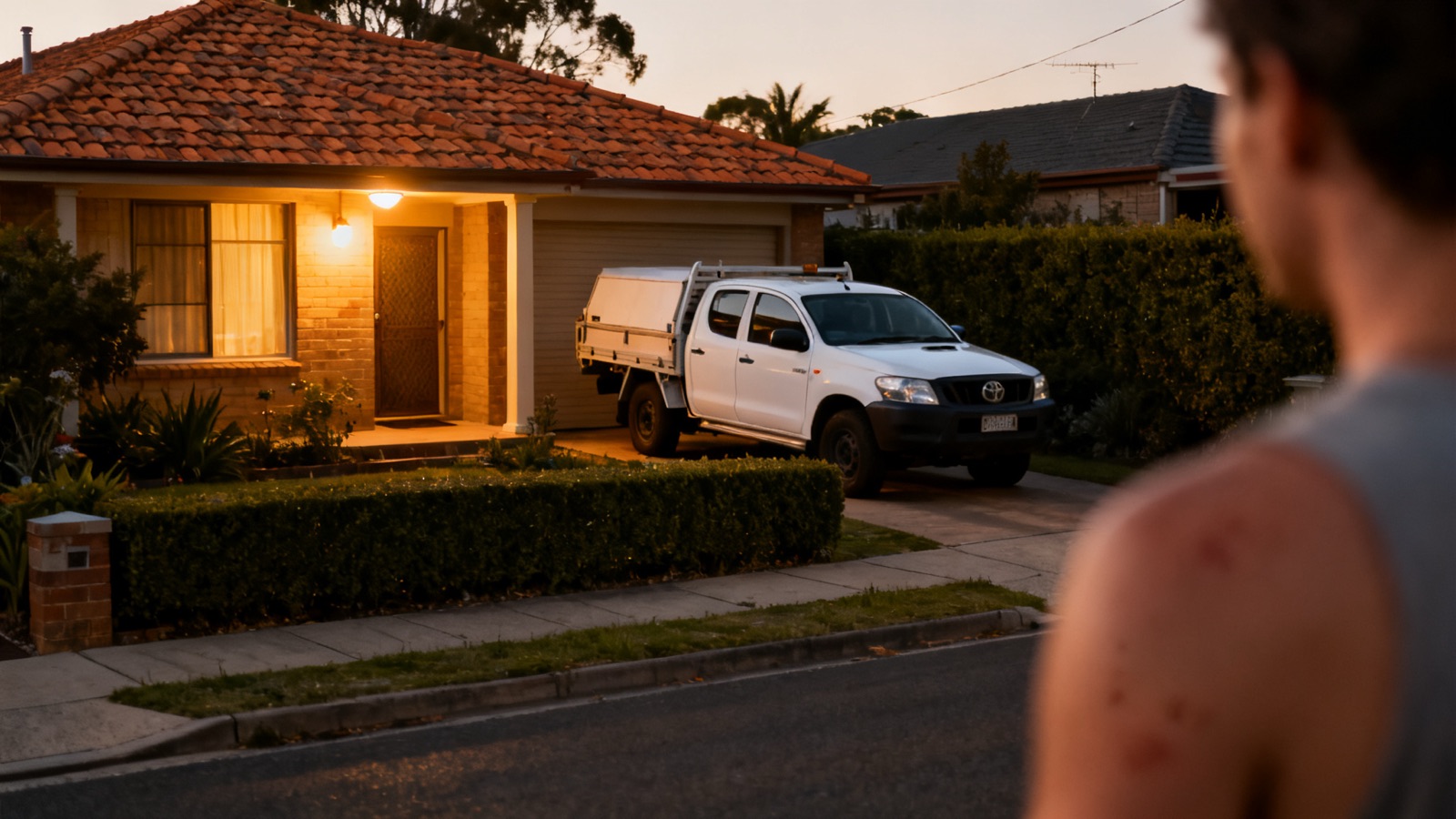 An Australian suburban street at twilight with a work ute parked in a driveway, porch light on