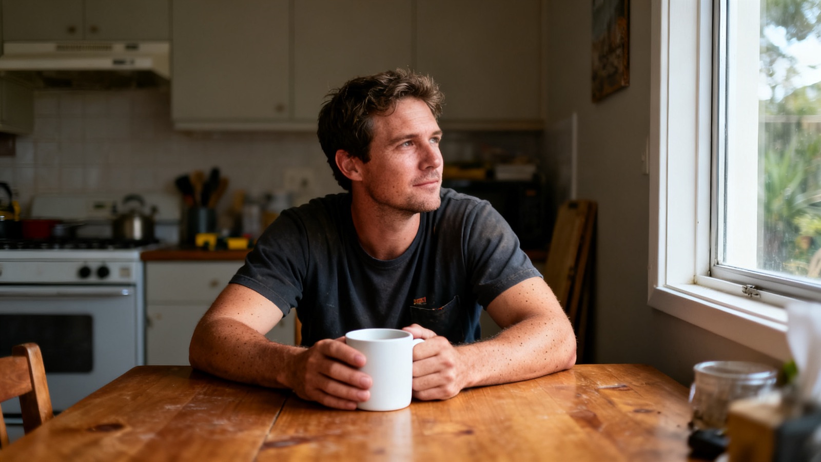 An Australian tradesperson sitting at a kitchen table with a coffee mug, looking thoughtfully out the window at dusk