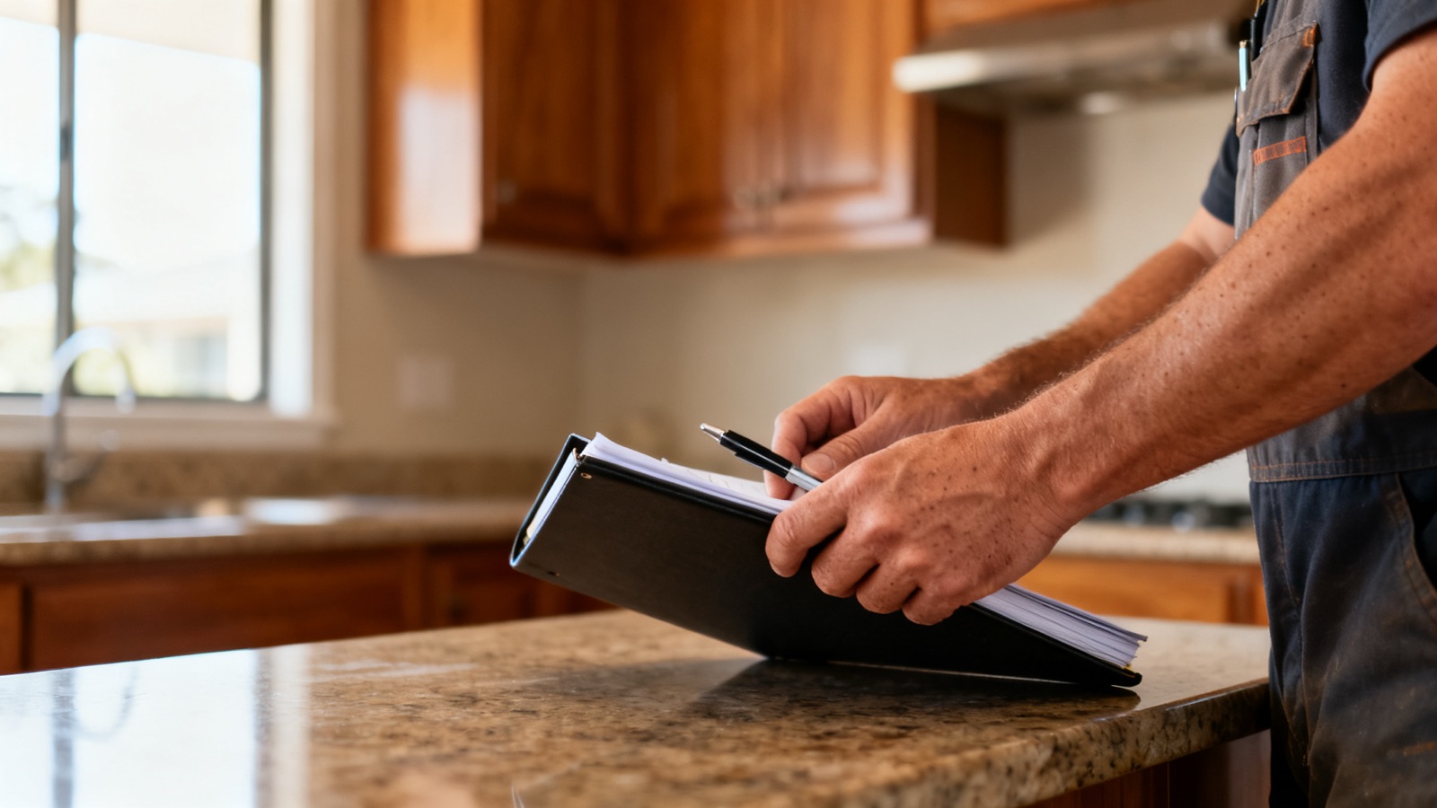 A tradesperson holding a closed folder and pen at a kitchen bench