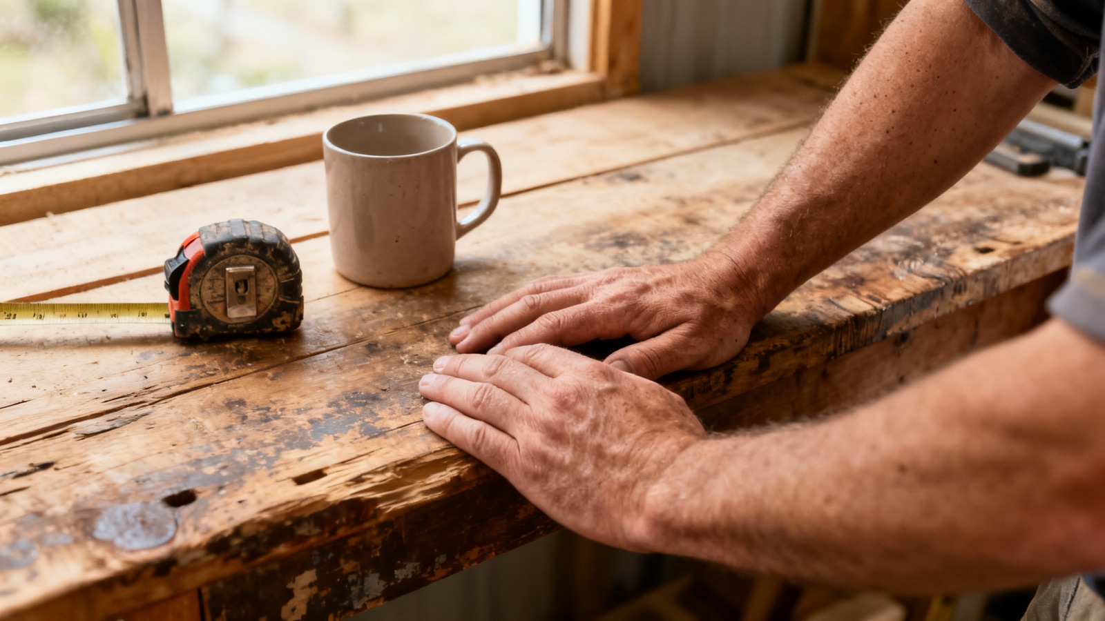 An Australian tradesperson's hands resting on a timber workbench