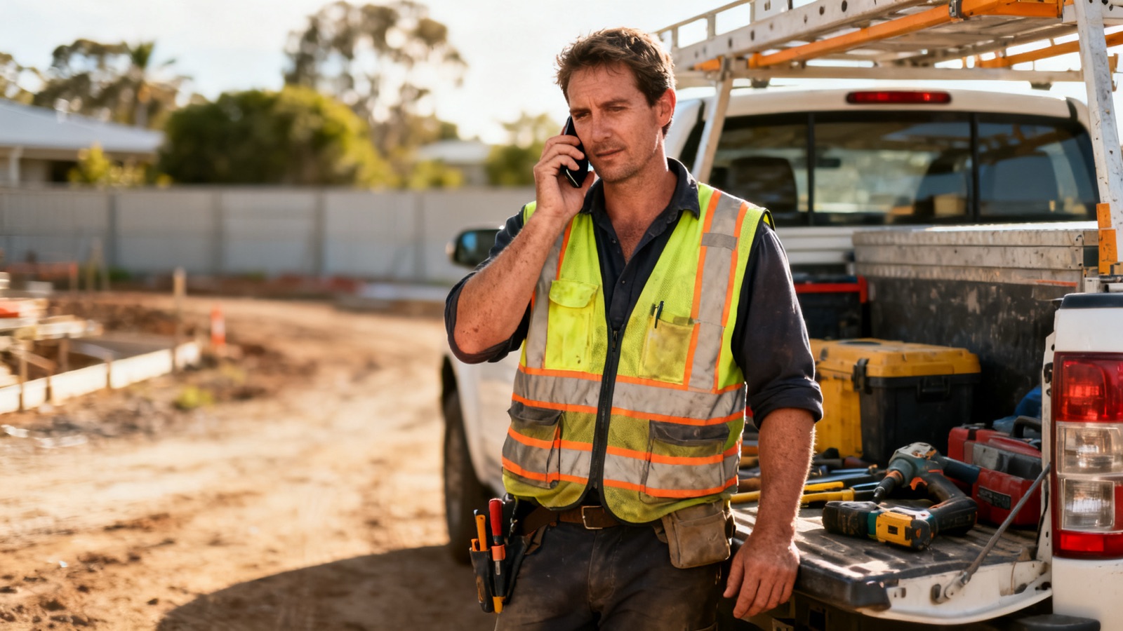 A tradesperson on a job site taking a phone call near their tools and vehicle