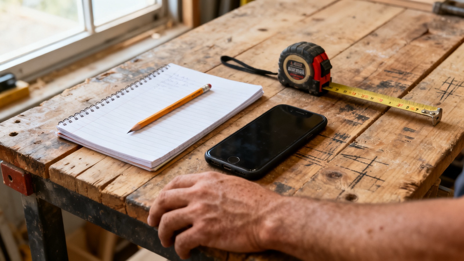 Smartphone calculator and notepad on a desk