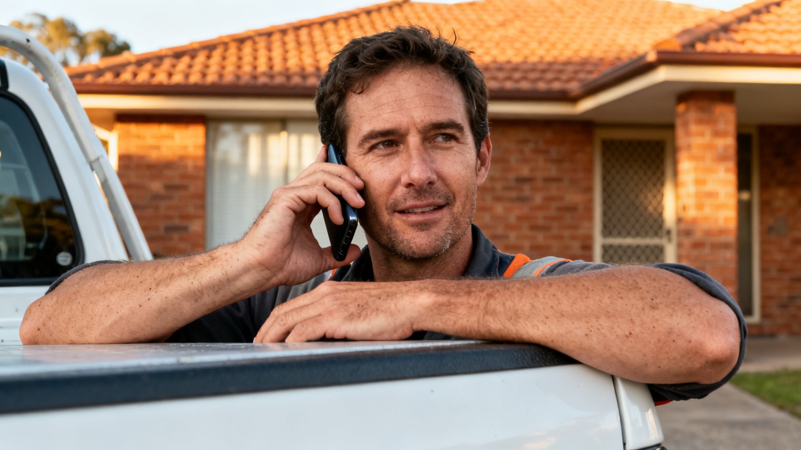 A tradesperson taking a call leaning against a work ute in an Australian driveway