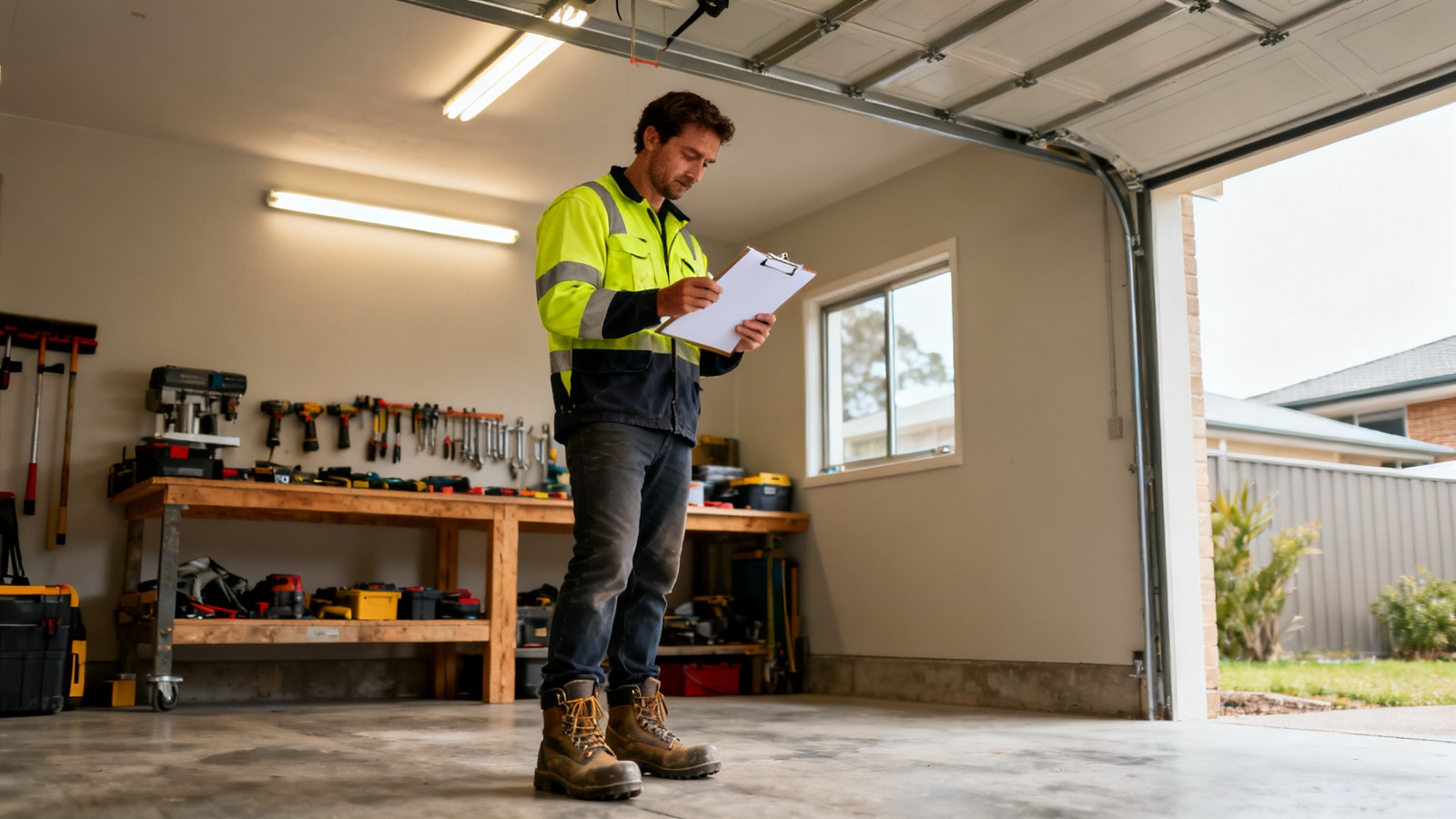 A tradesperson reviewing paperwork in an Australian residential garage