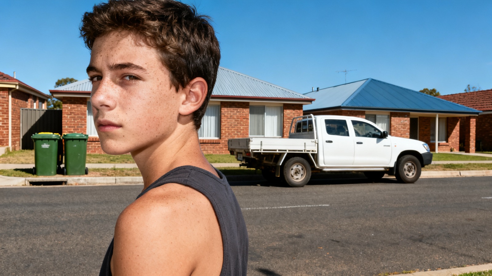 An Australian suburban street with a work ute parked at the kerb