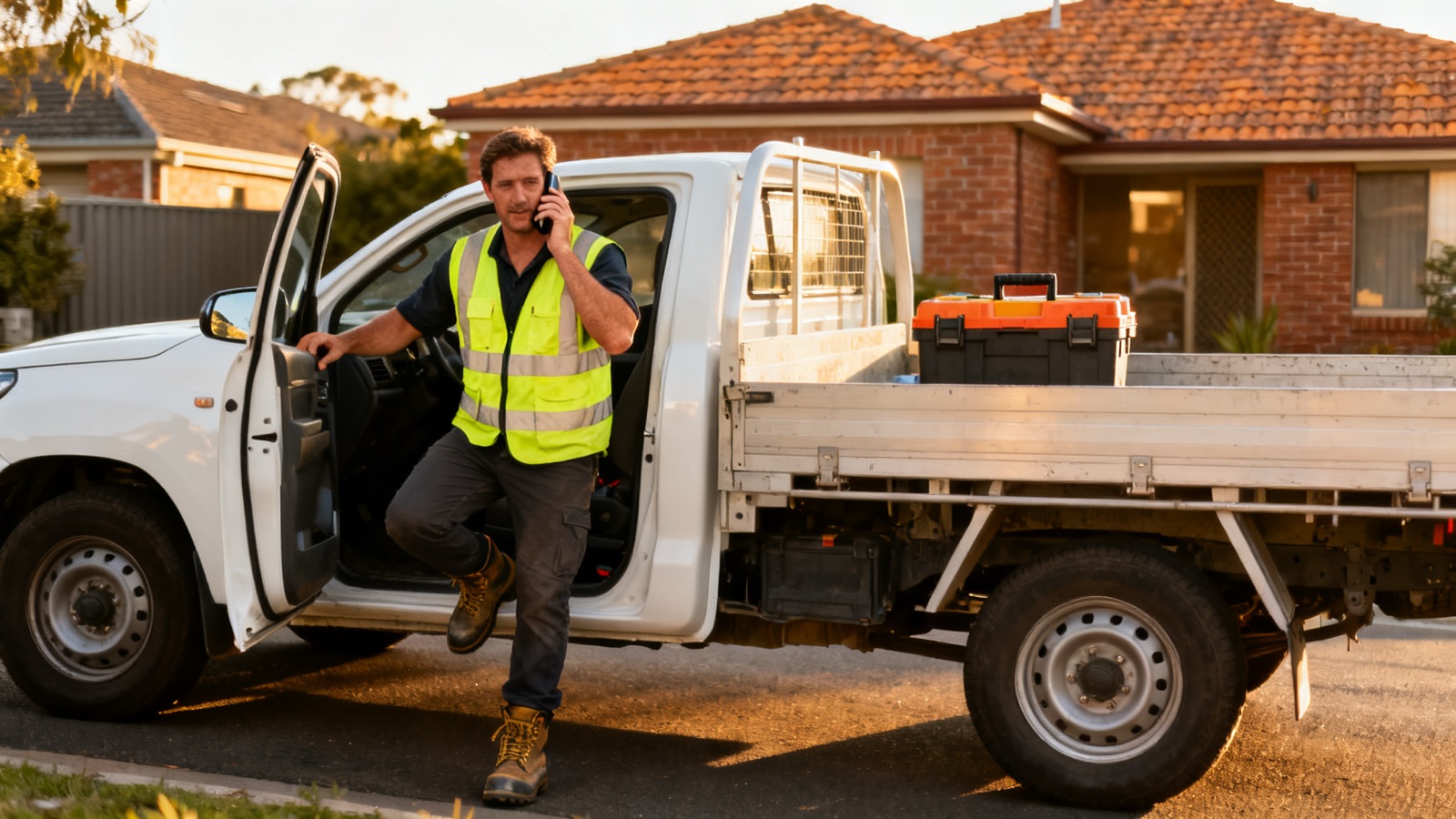 An Australian tradesperson in hi-vis stepping out of a work ute while taking a phone call