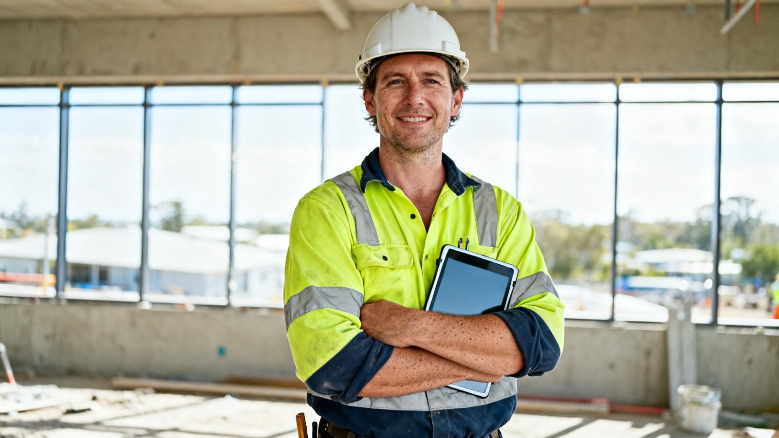 Split screen comparing ServiceM8 and Tradify app interfaces on a tradie phone, with AI automation icons connecting the two sides