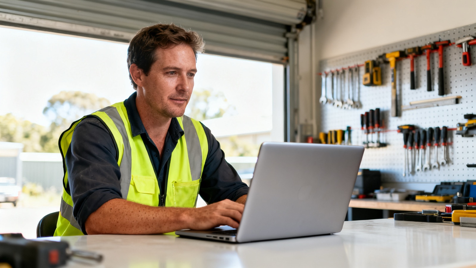 Australian tradie reviewing invoicing at a workshop bench