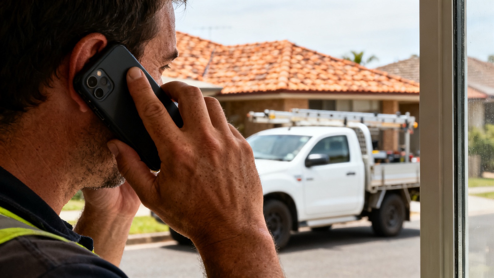 Tradie making a call beside their work vehicle on an Australian street