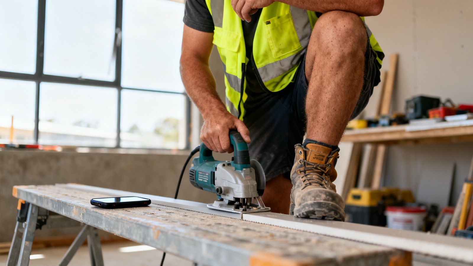 Australian tradie using a circular saw at a workshop bench with a phone beside him