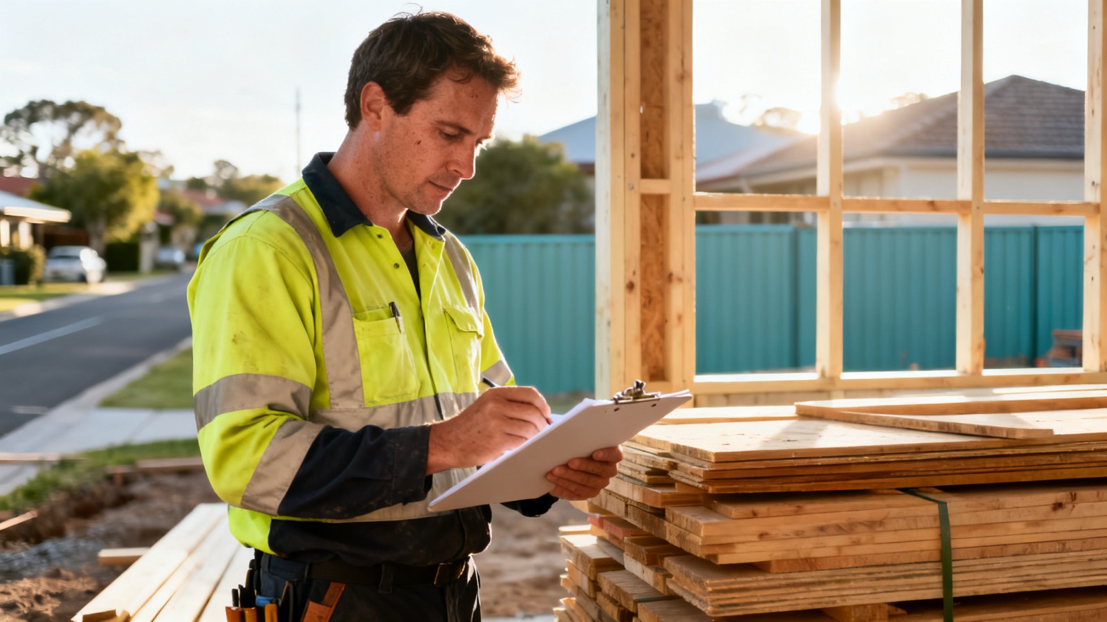 Australian tradie reviewing materials on a suburban building site
