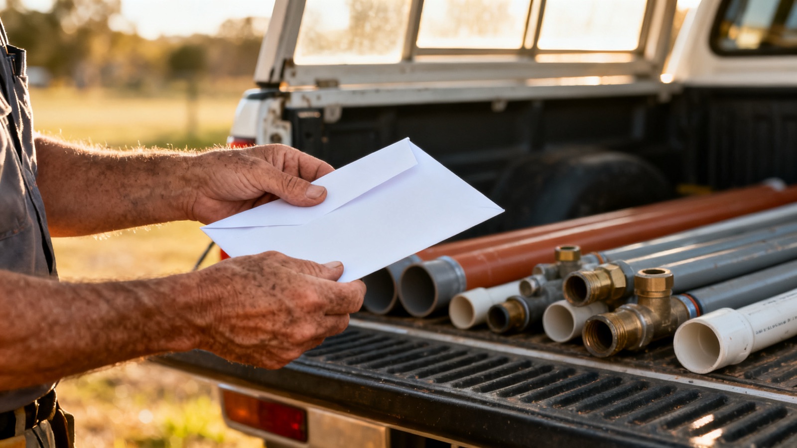 Tradesperson holding a payment envelope beside work materials