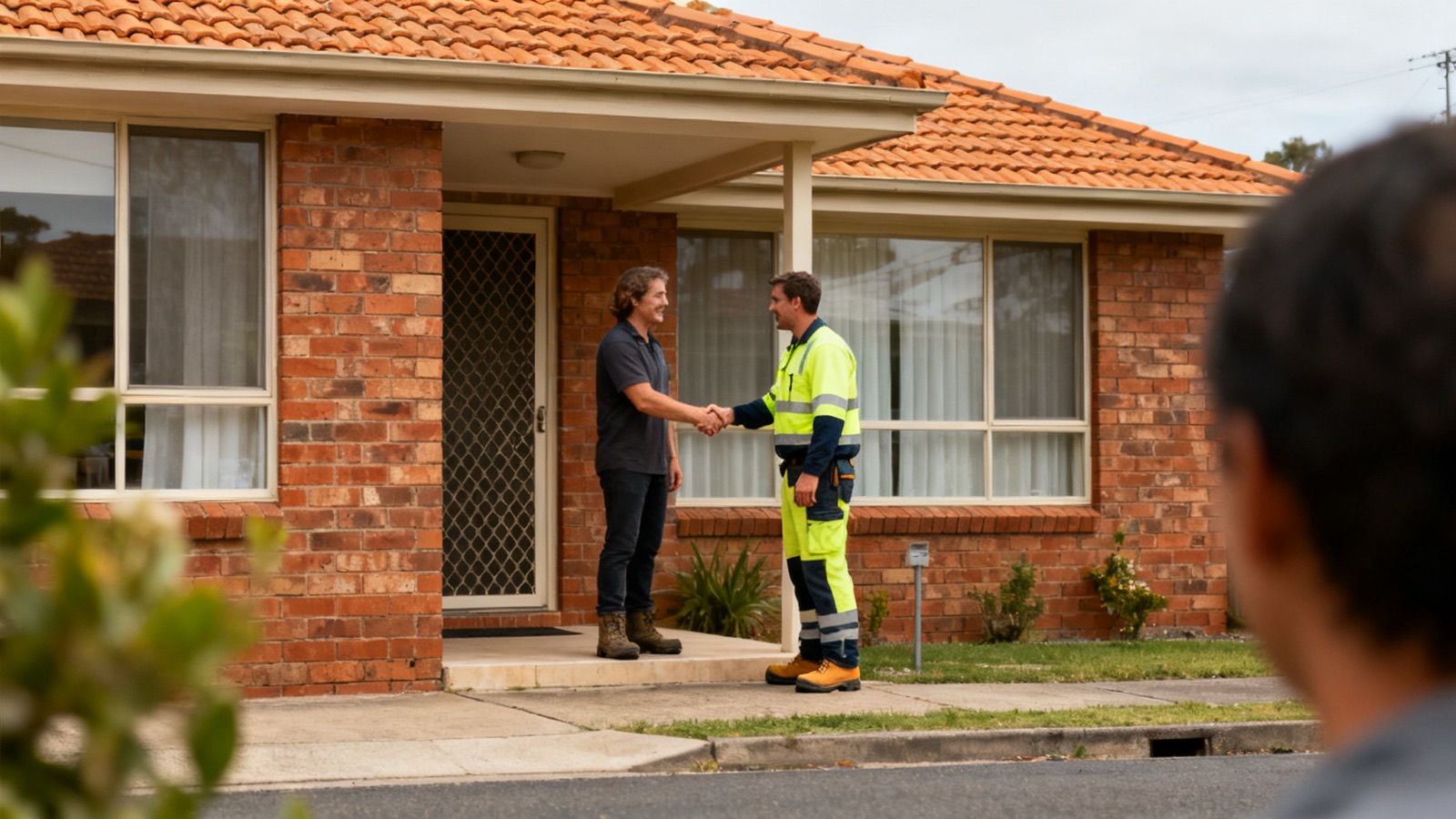 Tradie and homeowner shaking hands at the front door of an Australian home