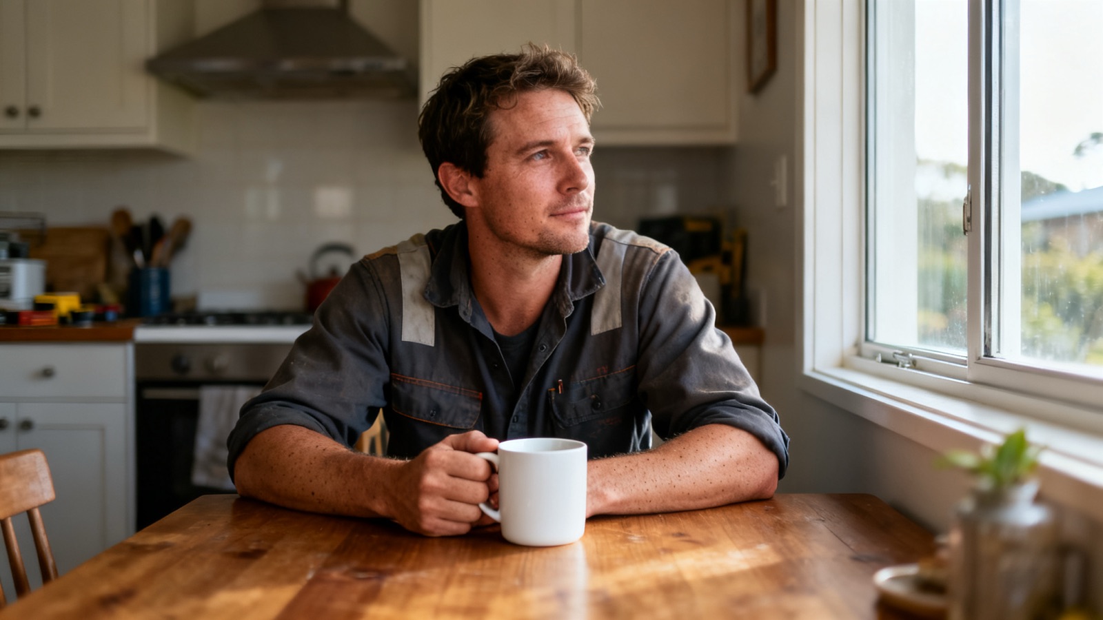 Australian tradesperson sitting at a kitchen table with a coffee mug, thinking about the day ahead