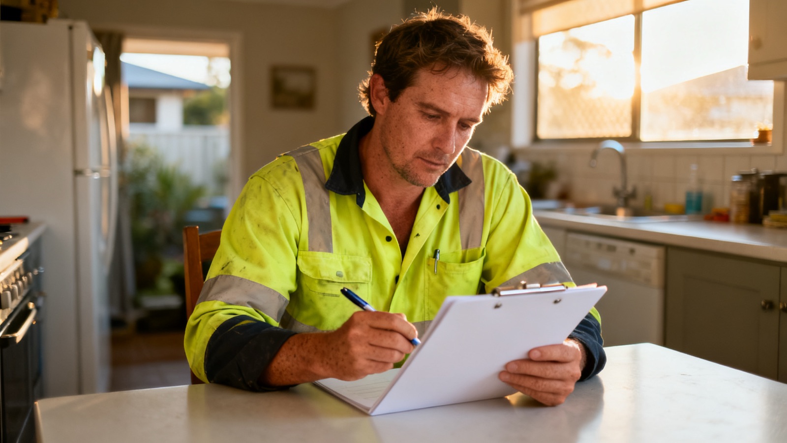 A tradesperson reviewing paperwork at a kitchen table in an Australian home