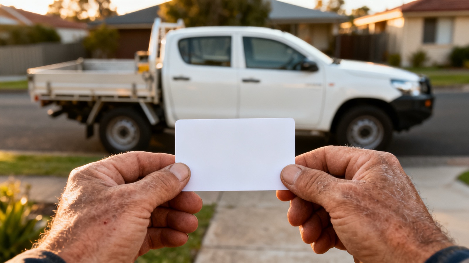 A tradesperson holding a card beside a plain white work ute on an Australian street