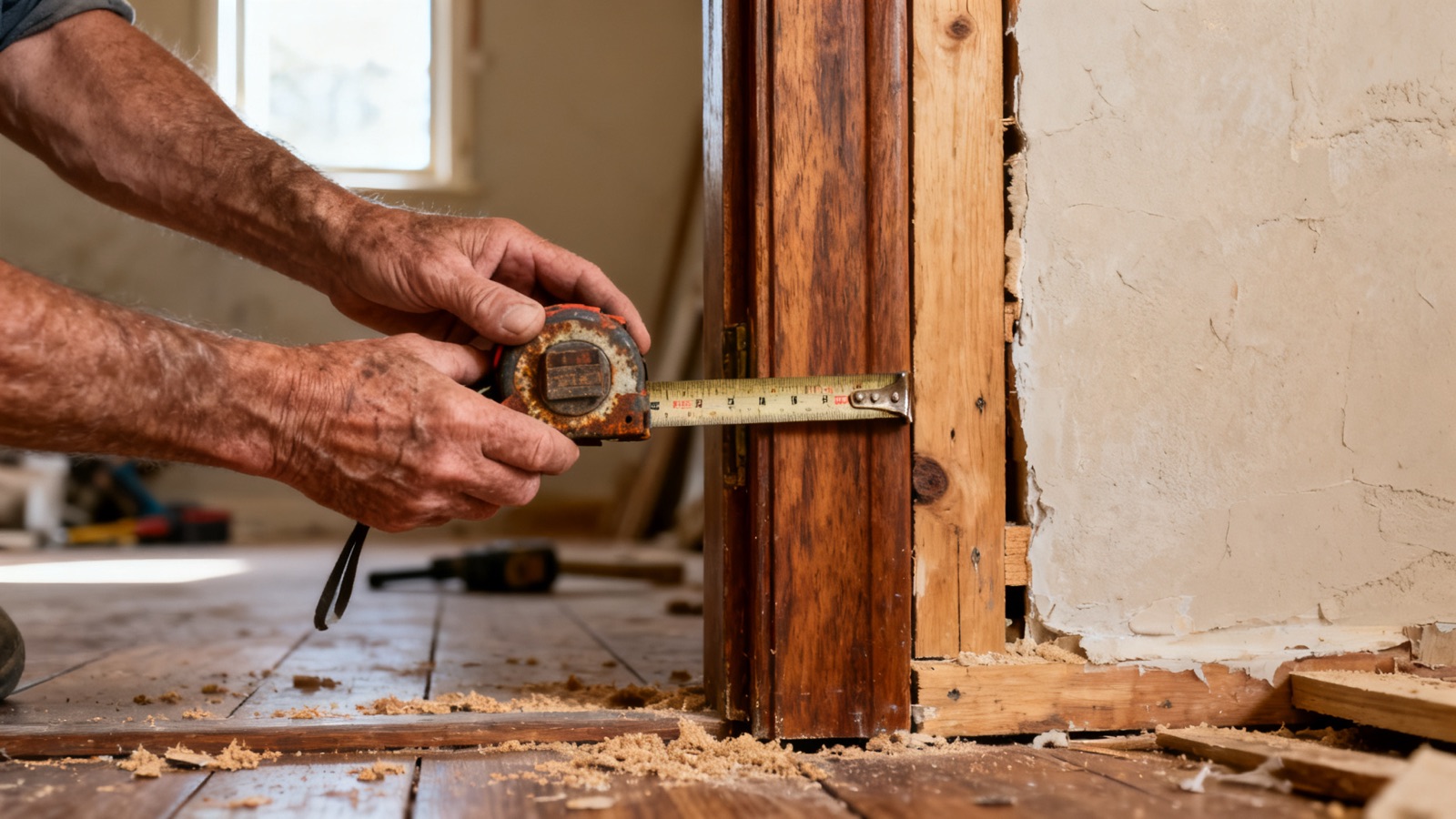 A tradesperson measuring a timber door frame on an Australian renovation site