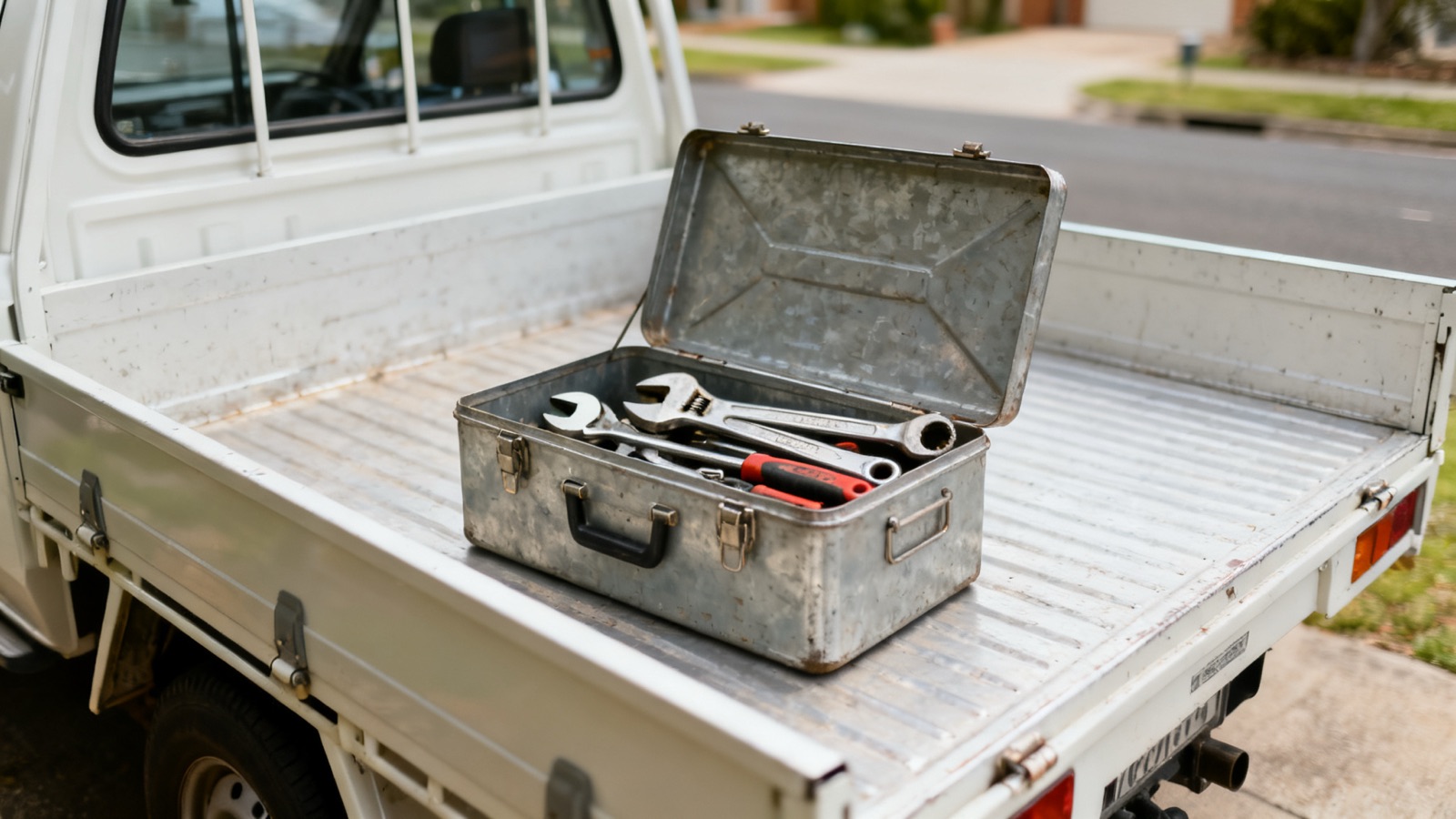 A tradesperson's open toolbox on the tray of a ute in an Australian suburb