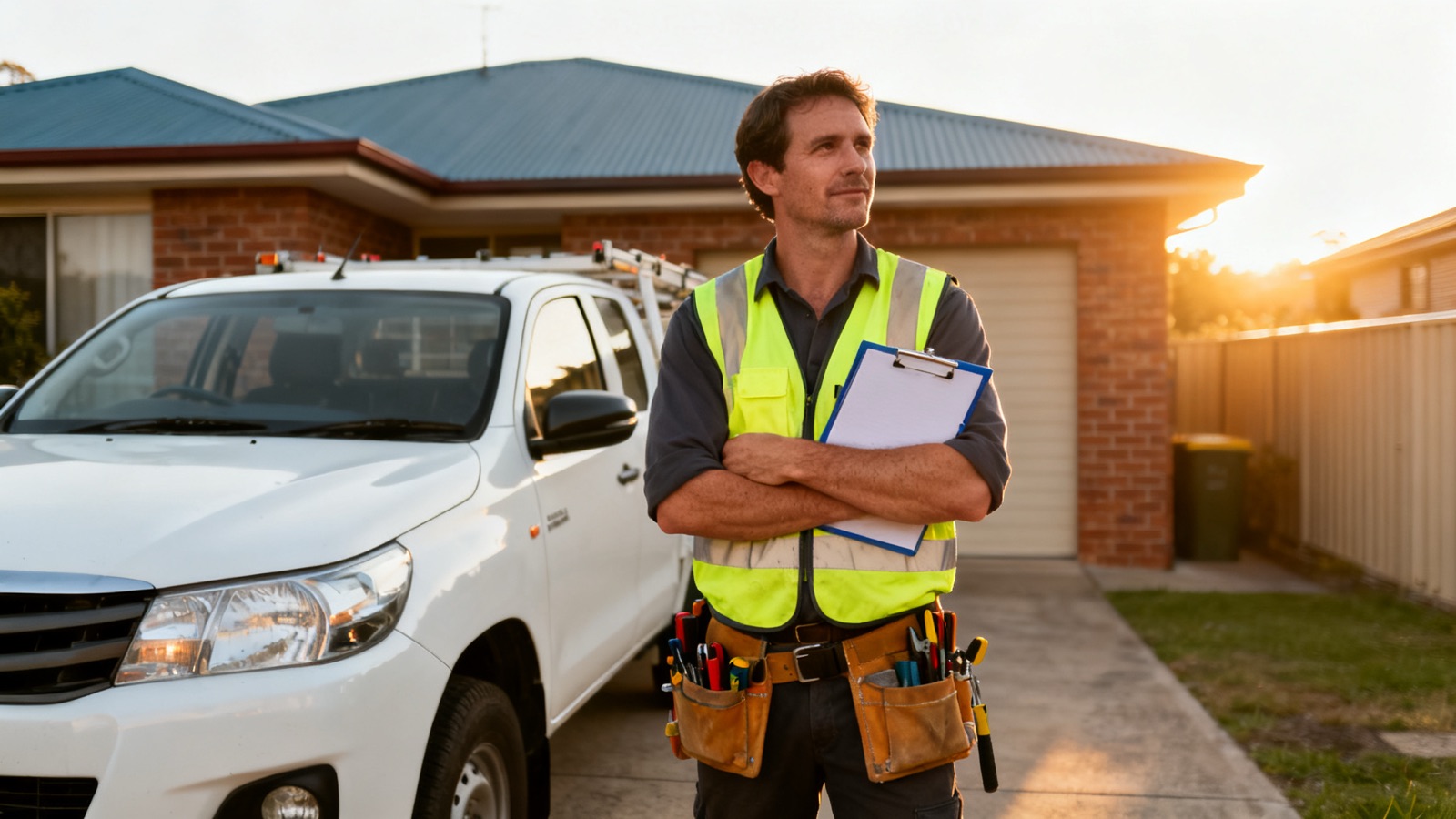 An Australian electrician beside a work ute in a suburban driveway at the end of the day