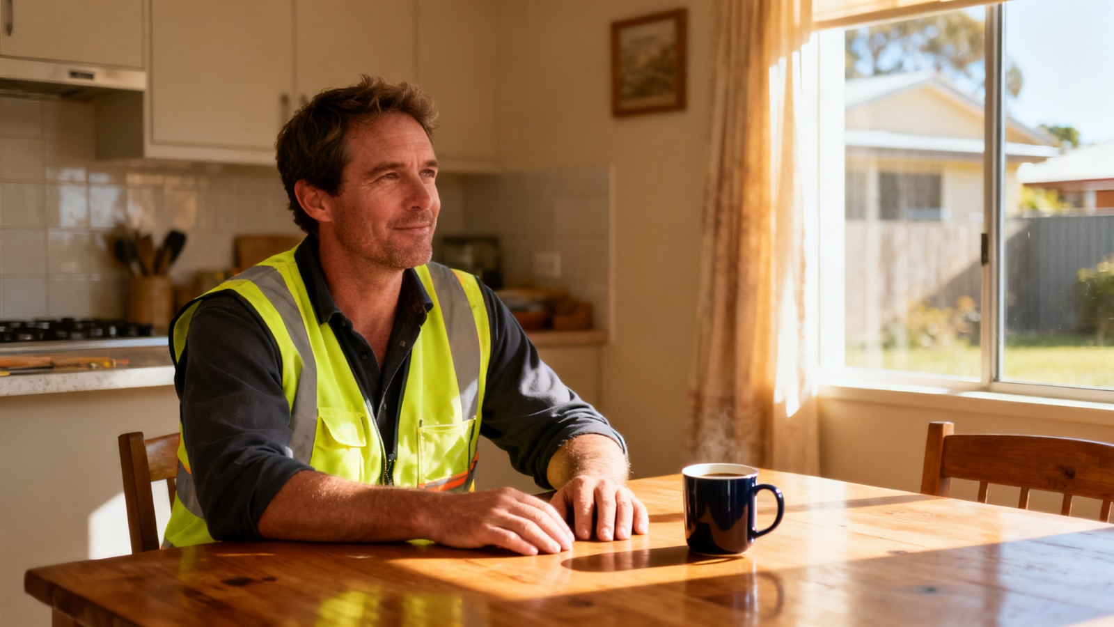Tradie sitting at a kitchen table in an Australian home