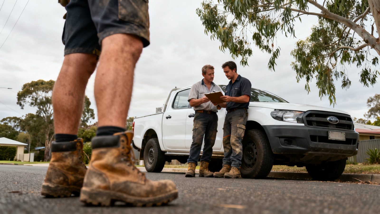 Tradies discussing job documentation beside their work vehicle
