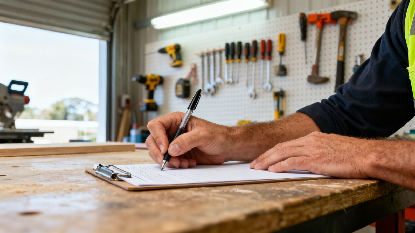 Tradie completing a written form at a workshop bench