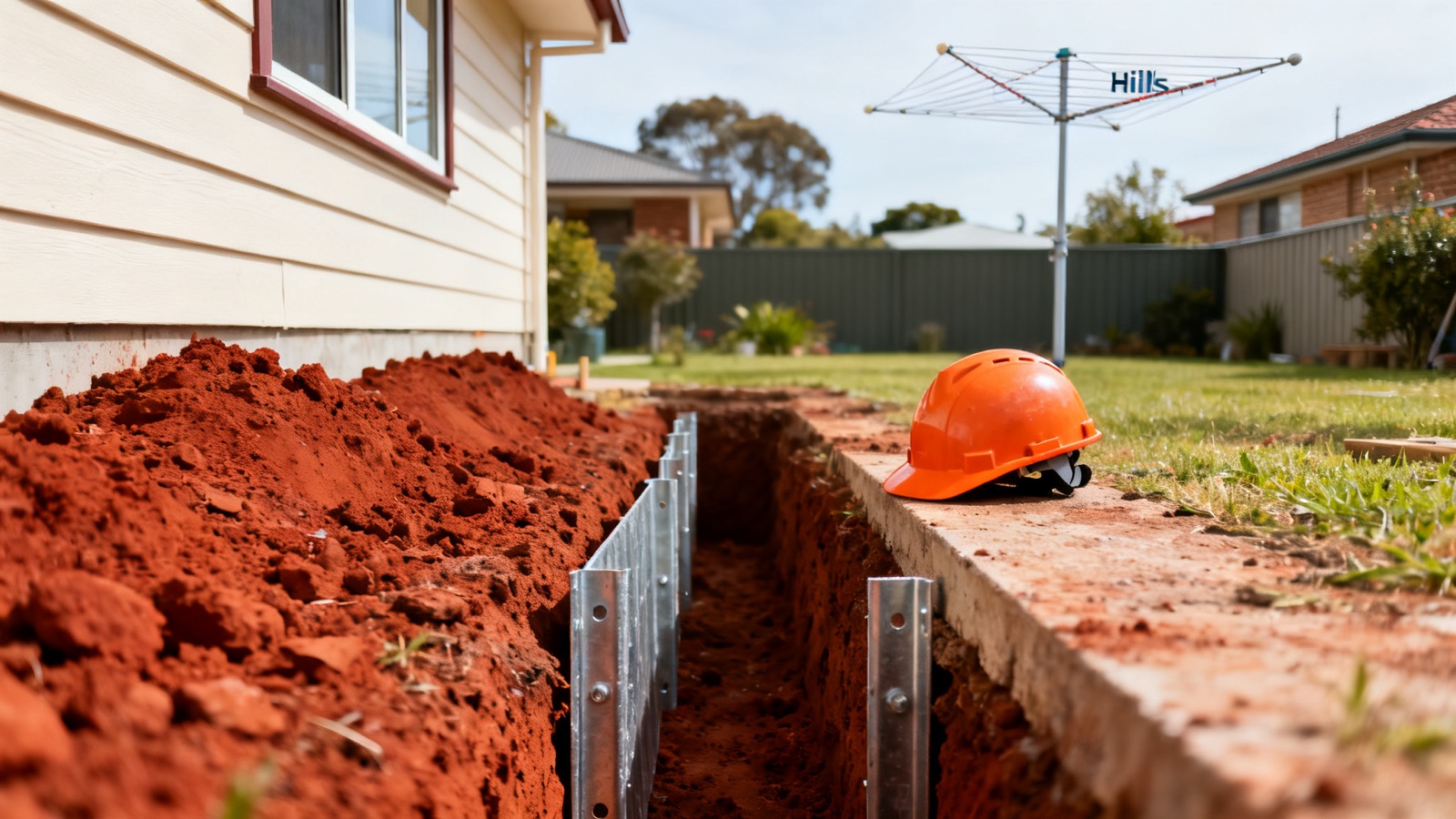 A trench with steel shields beside a house foundation in an Australian suburban backyard