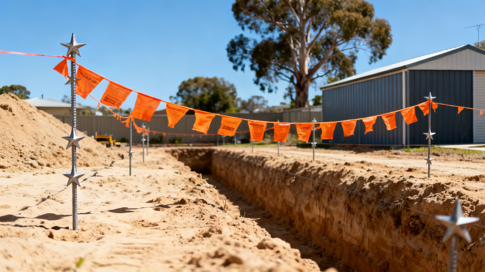 Safety bunting around a fenced-off trench on an Australian residential building site